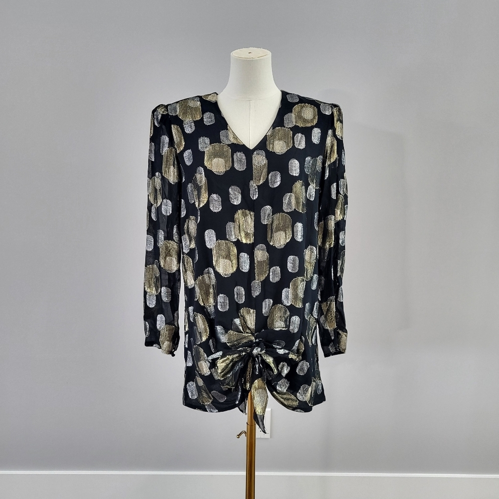 Vintage 80s Metallic Gold Silver Polka Dot Fancy Top Nu Mode